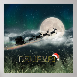Poster Père Noël Sleigh Reindeer Papier d'affiche de Noël
