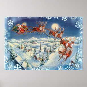 Poster PÈRE NOËL SNOWFLAKES & SLEIGH par SHARON SHARPE