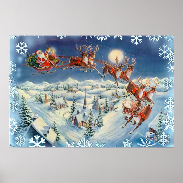 Poster PÈRE NOËL SNOWFLAKES & SLEIGH par SHARON SHARPE (Devant)