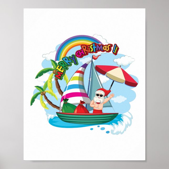 Poster Père Noël sur le bateau sur le thème de l'été. (Devant)