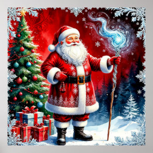 Poster Père Noël tenant un bâton magique