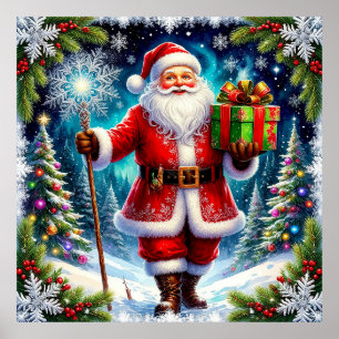 Poster Père Noël tenant un cadeau dans un paysage hiverna