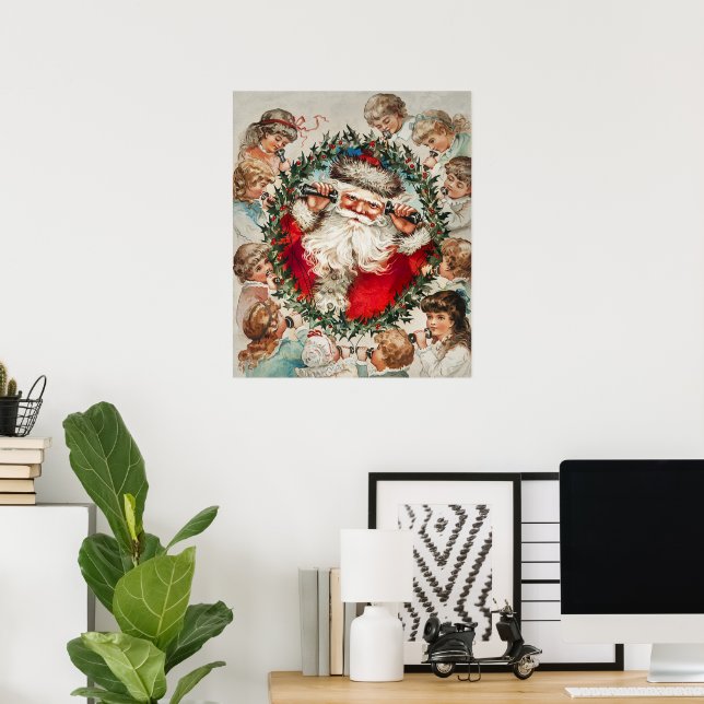 Poster Père Noël victorien au téléphone avec des enfants (Bureau à domicile)