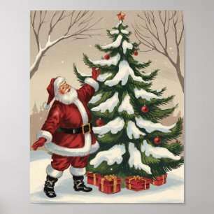 Poster Père Noël vintage décorant un arbre de Noël