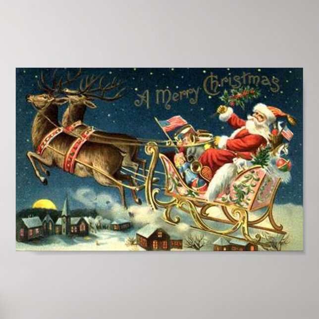 Poster Père Noël vintage et Sleigh (Devant)