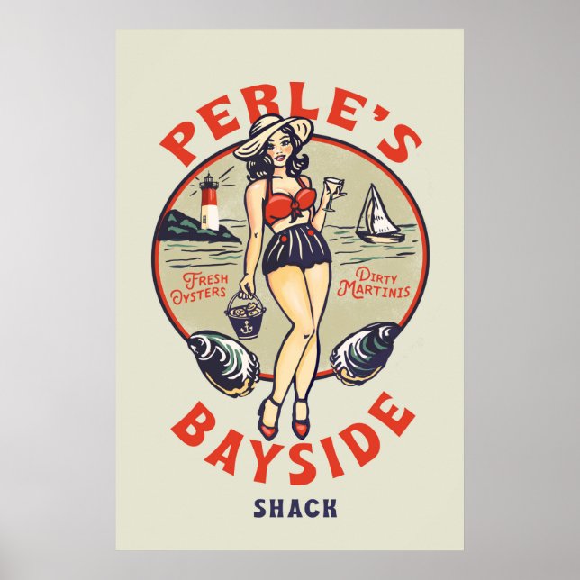 Poster "Perle's Bayside Oyster Shack" mignonne, Retro Sea (Devant)