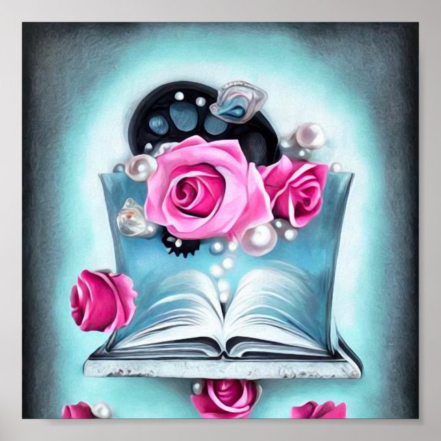 Poster Perles et Roses de livres ouverts (Devant)