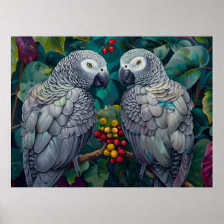 Poster Perroquets Gris Africains Duo Persimmon-Berry