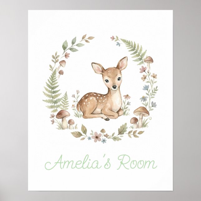 Poster Personalized Baby Deer Watercolor Boho Nursery (Devant)