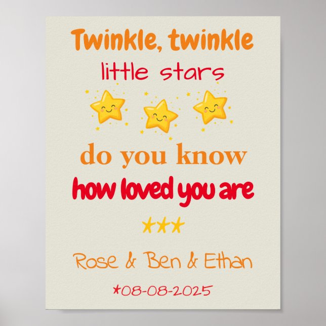 Poster Personalized Baby Triplets Nursery Decor, Stars (Devant)