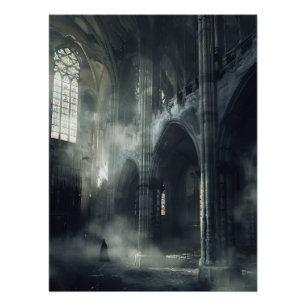 Poster Personnage encapuchonné dans une cathédrale gothiq