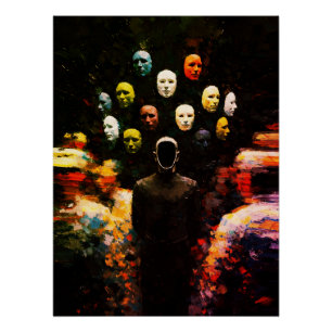 Poster Personnage sans visage entouré de visages masqués