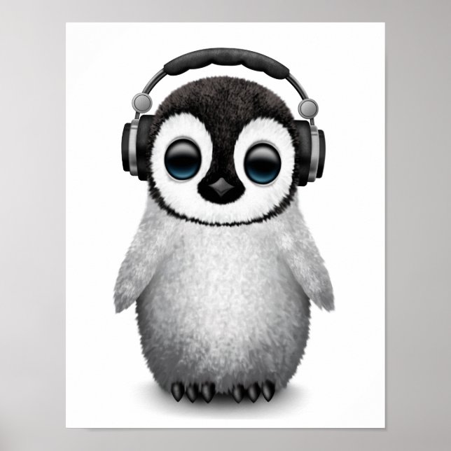 Poster Personnalisable Bébé Pingouin Dj avec casque (Devant)