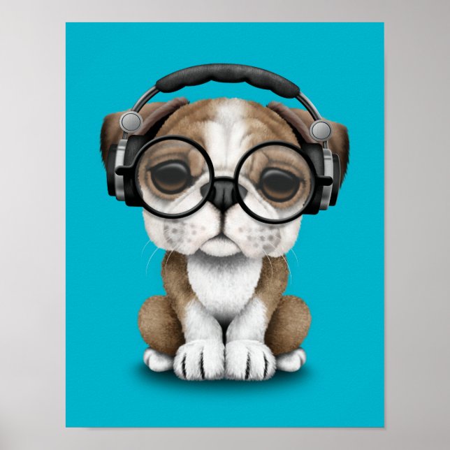 Poster Personnalisable Bulldog Puppy Dj avec casque (Devant)