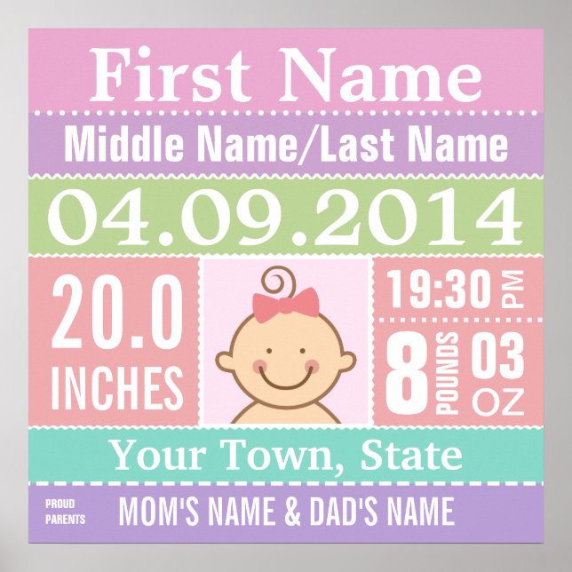 Poster Personnalisé Baby Girl Birth Stats (Devant)
