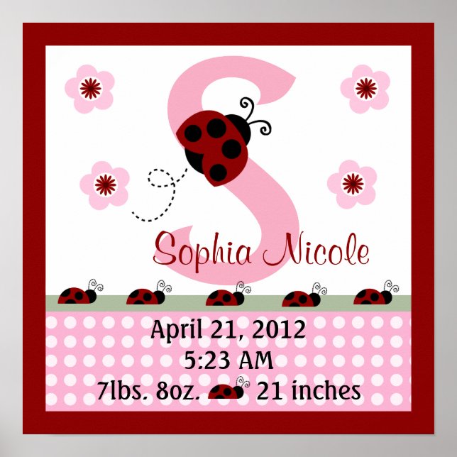 Poster personnalisé Red Ladybugs/Flower Birth Info (Devant)
