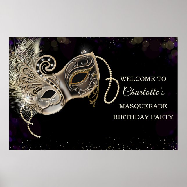 Poster Personnalisée Black Gold Purple Masquerade Party (Devant)