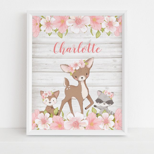 Poster Personnalité de Rustic Pink Floral Woodland Animal (Créateur téléchargé)