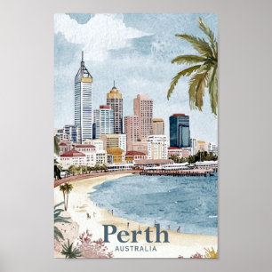 Poster Perth Australie Aquarelle Peinture Voyage