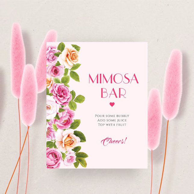 Poster Pétales et Prosecco floral rose Mimosa Bar (Petals and Prosecco pink floral Mimosa Bar Poster)