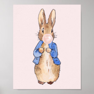 Poster Peter le lapin souffle une bulle rose gomme