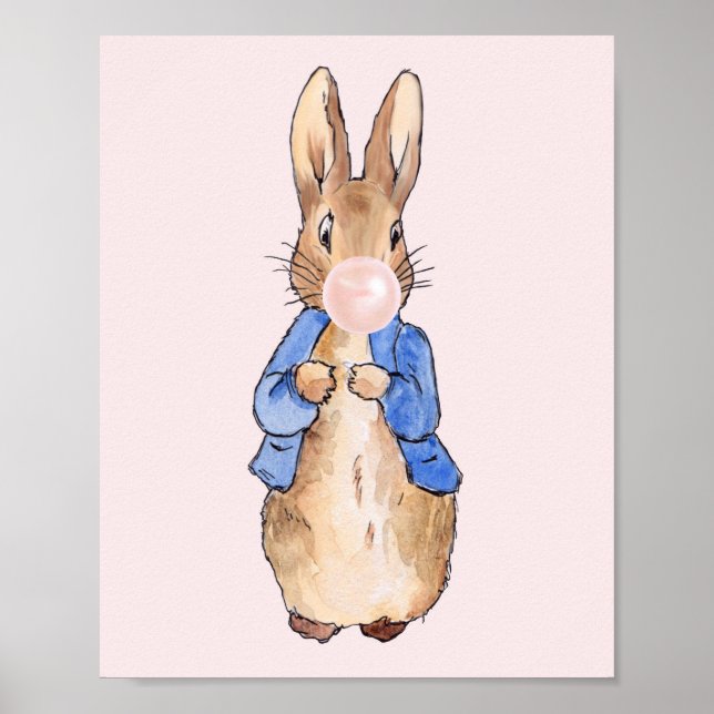 Poster Peter le lapin souffle une bulle rose gomme (Devant)