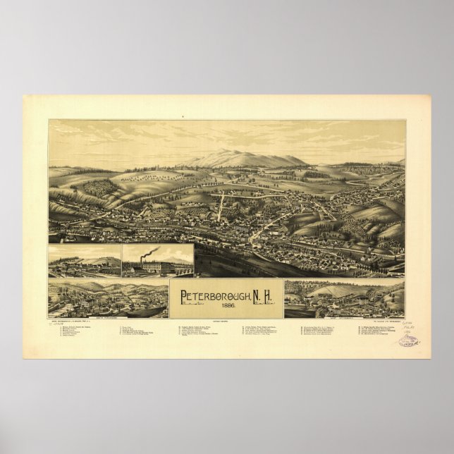 Poster Peterborough New Hampshire 1886 Antique Panorama (Devant)