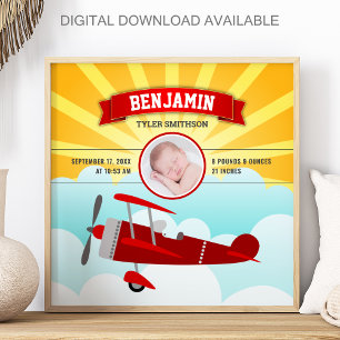 Poster Petit avion rouge pilote bébé photo naissance stat