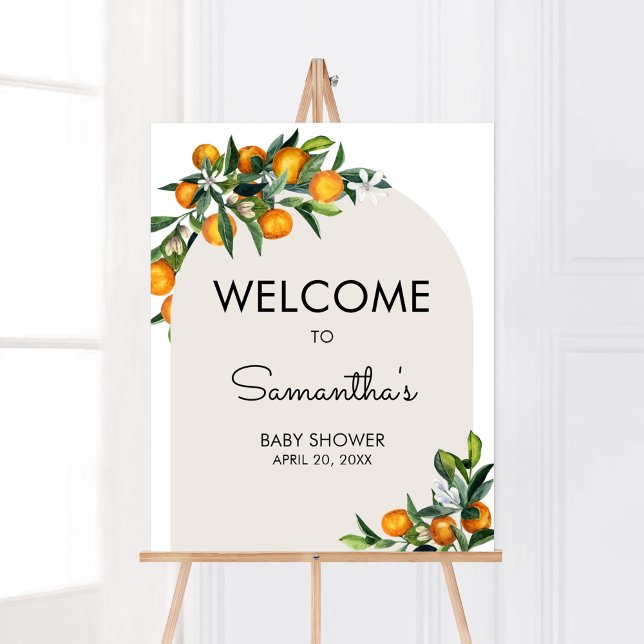 Poster Petit Baby shower Cutie Citrus Orange Bienvenue (Gender Neutral Citrus Baby Shower Welcome Sign)