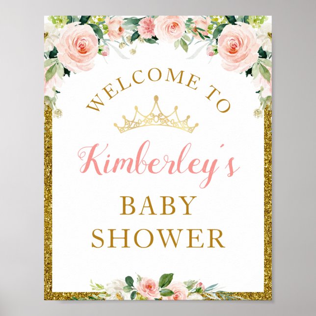 Poster petit baby shower fleuri princesse signe d'accueil (Devant)