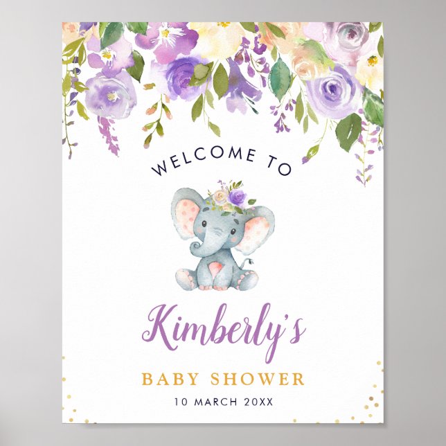 Poster Petit baby shower fleuri violet d'éléphant accueil (Devant)