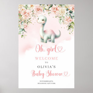 Poster Petit bébé dinosaure fille rousse roses bienvenue