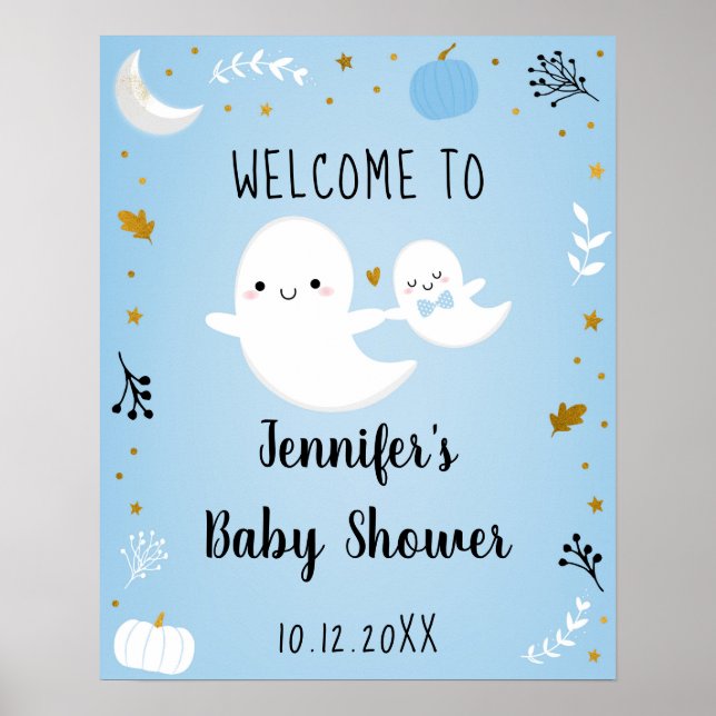 Poster Petit Boo Blue Boy Ghost Baby shower Bienvenue (Devant)