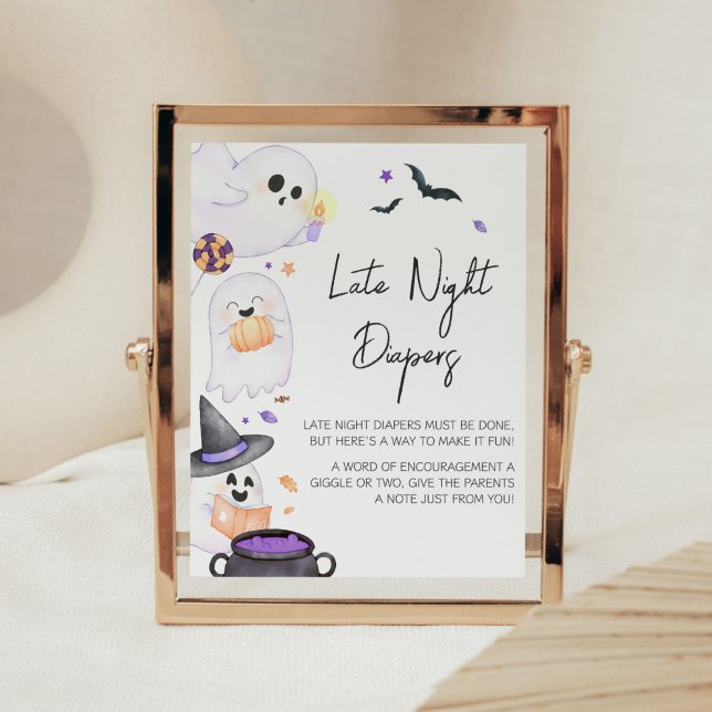 Poster Petit Boo Violet Halloween Diapositives De Nuit Ta (Purple Little Boo Baby Shower Late Night Diapers Sign)