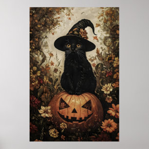 Poster Petit chat noir dans le chapeau d'une sorcière ave