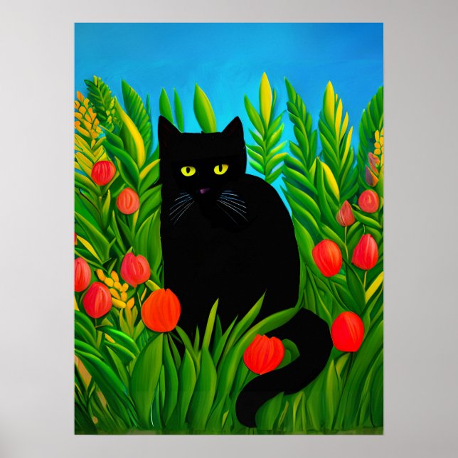 Poster Petit chat noir dans un jardin de tulipes (Devant)