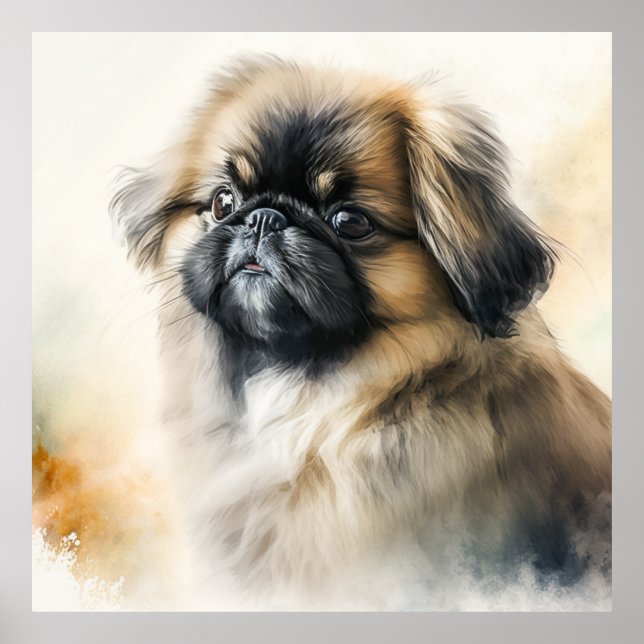 Poster Petit chiot Pekingese Aquarelle Peinture (Devant)