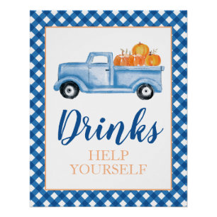Poster Petit Citrouille bleu automne Boisson d'anniversai