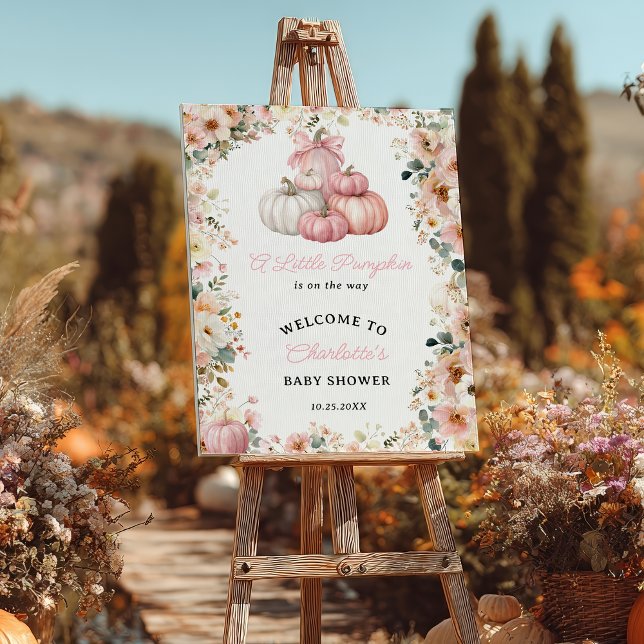 Poster Petit Citrouille Pile Rose Chute Baby shower Flora (Little Pumpkin Pink Stack Fall Floral Baby Shower Poster)