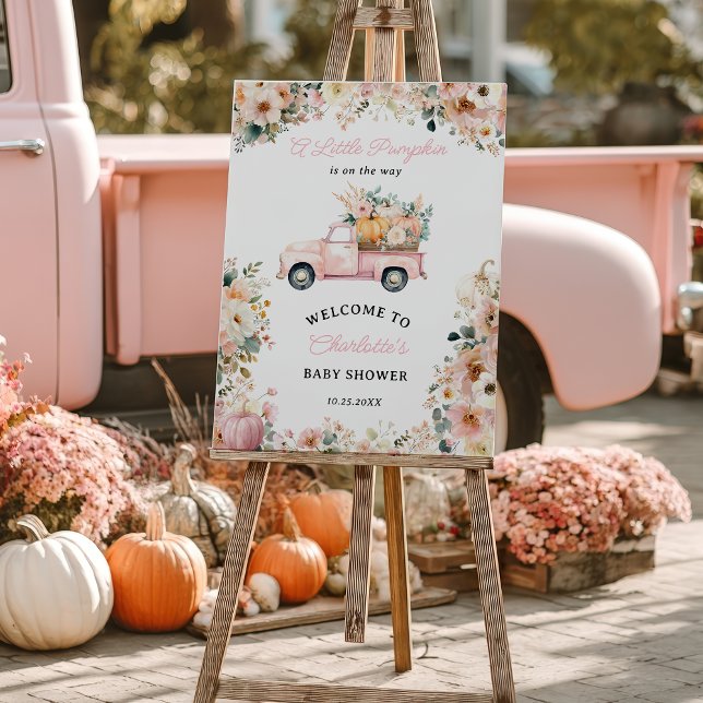 Poster Petit Citrouille Pink Truck Automne Baby shower fl (Little Pumpkin Pink Truck Fall Floral Baby Shower Poster)