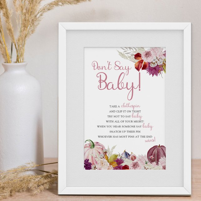 Poster Petit Citrouille Rustic Floral Vêtements Jeu de br (Fall Baby Shower Game Sign - Don't Say Baby clothes pin game)