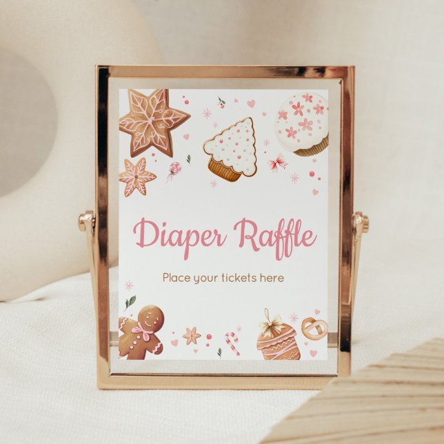 Poster Petit Cookie Cookie Colibri Raffle de Noël rose (Christmas Little Cookie Gingerbread Baby Shower Diaper Raffle Sign)