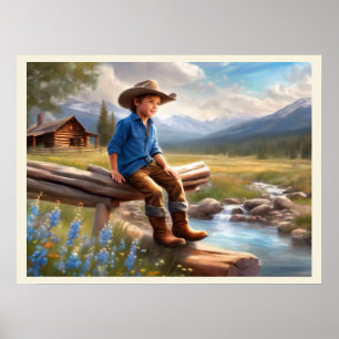 Poster Petit Cowboy sur la clôture Boy's Bedroom Art
