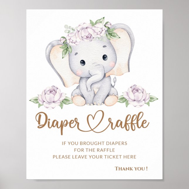 Poster Petit éléphant baby shower tombola de couche (Devant)