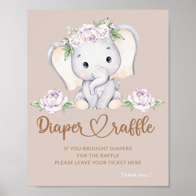 Poster Petit éléphant baby shower tombola de couche (Devant)