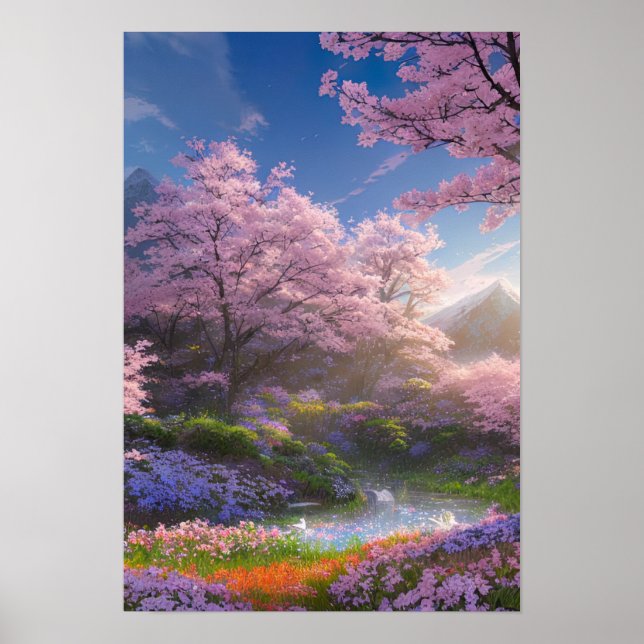 Poster Petit étang enveloppé dans des délices floraux (Devant)