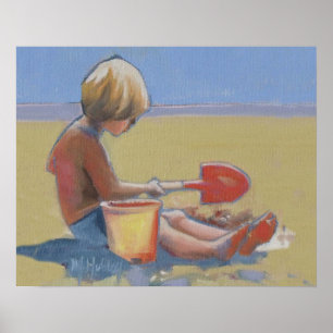 Poster Petit garçon jouant dans le sable avec une pelle