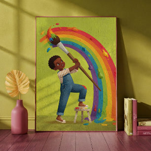 Poster Petit garçon peignant un arc-en-ciel Art de nurser