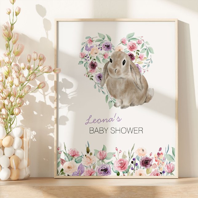 Poster Petit Lapin Floral Amour Coeur Bienvenue (Floral Rabbit Welcome Sign from my Little Bunny & Little Lamb Baby Shower collection)