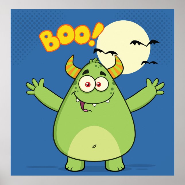 Poster Petit monstre vert Halloween Boo (Devant)